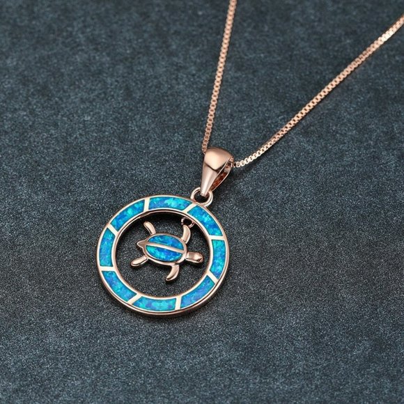 Blue Opal Sea Turtle Circle Rose Gold Necklace - Picture 3 of 7